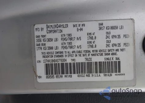 2004 Dodge Ram 1500 Slt/Laramie из США, поврежденный, VIN 1D7HA18N64S776994